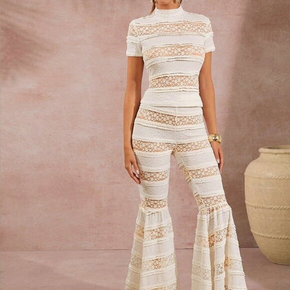 boho women's Mixed Fabric Lace Top & Flared Pants Two Pieces Set - Picture 6 of 7